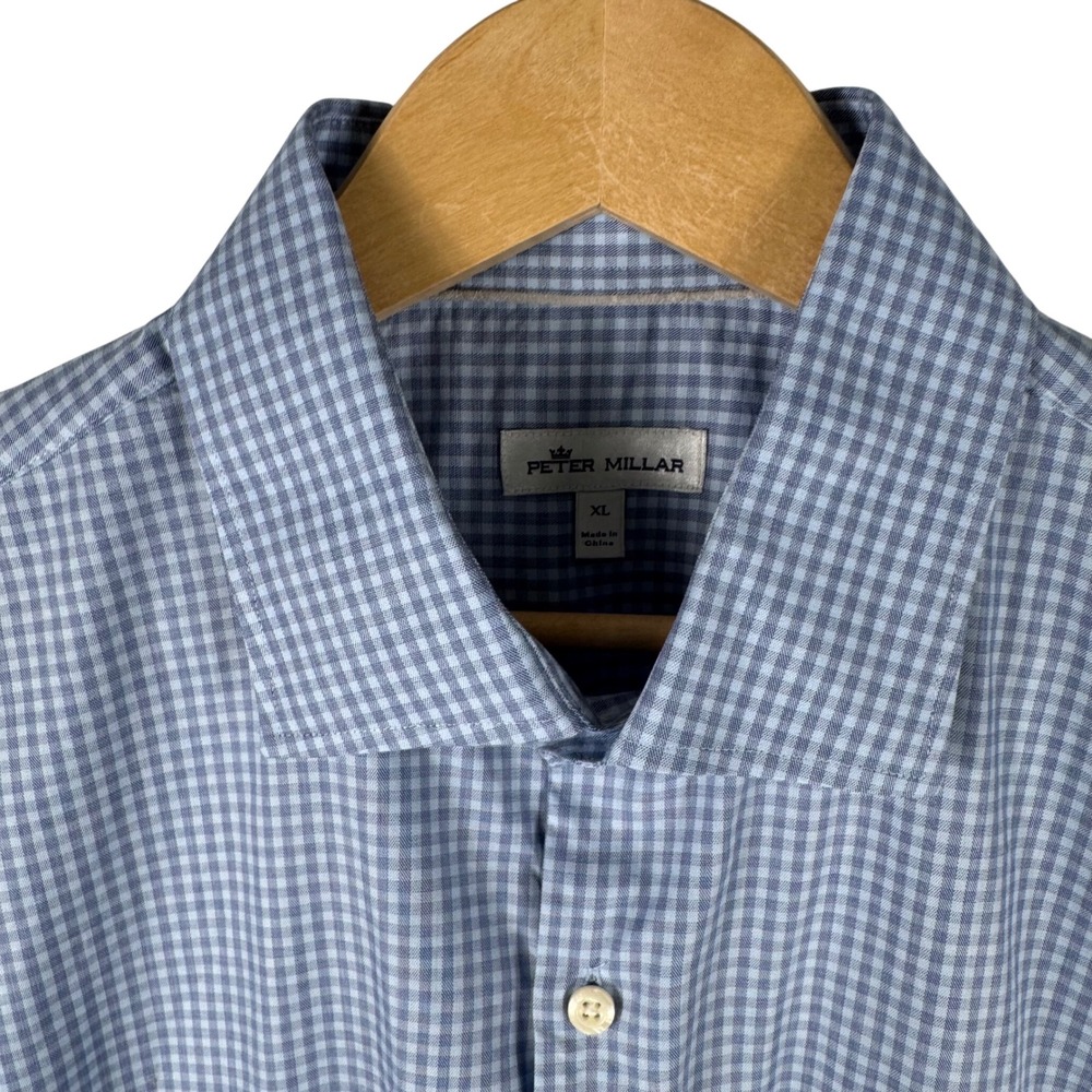Peter Millar Gingham Check Button Down Shirt Mens XL Blue Cotton Spread Collar